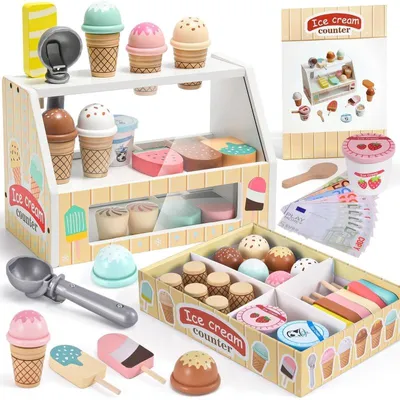 Produktbild von Eiscreme-Spielset aus Holz – Kinderküche aus Holz – Eiscreme-Spielzeug – Küchenzubehör für Kinder – Eiscreme-Set – Geeignet für Kinder ab 3 Jahren