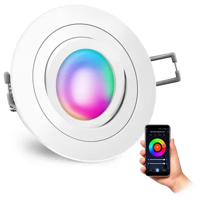 A smart RGB CCT LED downlight is shown with a hand holding a smartphone displaying the control app.