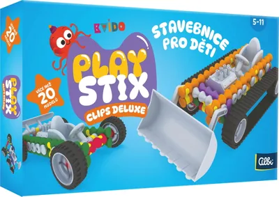 The image shows the packaging of a toy building set, featuring illustrations of the toys that can be built.