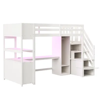 Produktbild von Flieks Etagenbett 90x200cm mit Schreibtisch & Regal, Kinderbett Hochbett mit Kleiderschrank & Led, Stockbett Jugendbett Einzelbett mit Treppe, Weiß