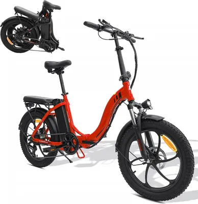 A red and black folding electric bicycle is shown against a white background. A smaller image of the bicycle folded is in the top left corner.