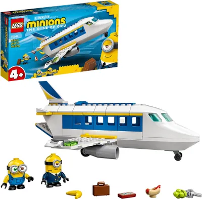 A LEGO Minions airplane playset with figures, shown with its packaging.