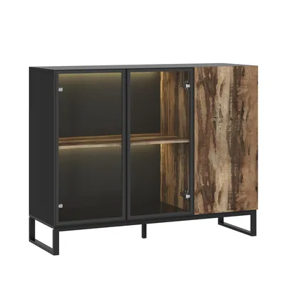 Produktbild von Glasvitrine mit 3 Türen, Vitrine mit Beleuchtung 8 Farbe und Hochglanz-Finish, Schwarz+Holzoptik, MDF+Glas, 120 × 95 × 40 cm