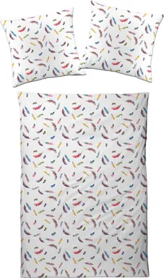 Produktbild von Designette Bettwäsche Satin - bunte Federn auf weißem Hintergrund 155 x 220 cm bunte Federn auf weißem Hintergrund