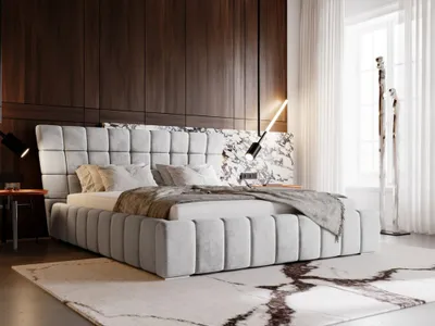 Obrázok produktu pre Manželská posteľ GRAINGOLD 180x200 cm Paris - exkluzívna čalúnená posteľ so zásuvkou, zamatovou látkou a lamelovým roštom - svetlosivá (Magic velvet 2218)