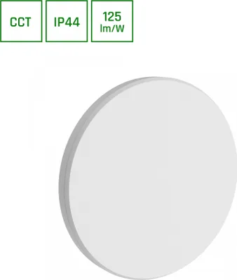 A white, round LED ceiling light is shown against a white background. Three green boxes with text are in the top left corner.