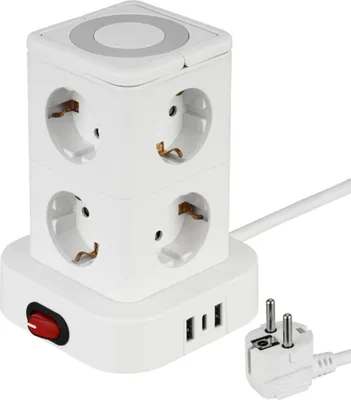 A white power strip with multiple outlets and USB ports, shown on a white background.