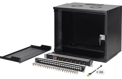 Produktbild von Digitus Netzwerk-Set SOHO Pro, 483 mm (19") - 9HE, 540 x 400 mm (B x T), Wandmontiertes Regal, 9U, 60 kg, Sperrschloss, Ablageschienen, Verbessertes Kabelmanagement