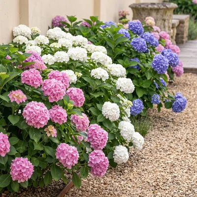 Produktbild von GreenboutiQ - Hortensie - Hydrangea macrophylla Tricolour - Blüte Blau, Rosa und Weiß - 3 Pflanzen - Laubabwerfend - Wenig Pflege - Topf 17cm Höhe 30cm