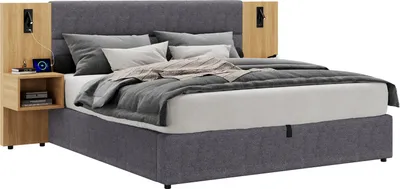 Zdjęcie produktu dla Łóżko tapicerowane Sweiko 180 x 200 cm, hydrauliczne łóżko z szerokimi nogami, z podłączeniem USB, z oświetleniem, w tym dwie szafki nocne z miejscem do przechowywania, szary + naturalny