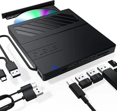 Produktbild von Externes CD DVD Laufwerk, 7 in 1 USB Ultra Slim tragbarer Player Brenner, Steckplatz Typ, Kompatibel mit Laptop PC MacBook Windows Linux