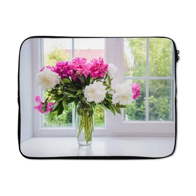Produktbild von MuchoWow® Laptop Hülle 17 Zoll Laptoptasche Blumen - Pfingstrosen - Vase - Zipper - Schutzabdeckung