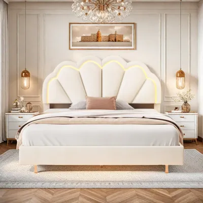 Obrázok produktu pre Čalúnená detská posteľ 140 x 200 cm, béžová Imitácia kože, rám dvojlôžka s LED osvetlením, lamelový rošt a operadlo (matrac nie je súčasťou balenia)
