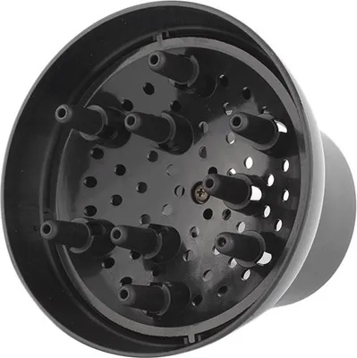 A close-up view of a black hair dryer diffuser attachment.