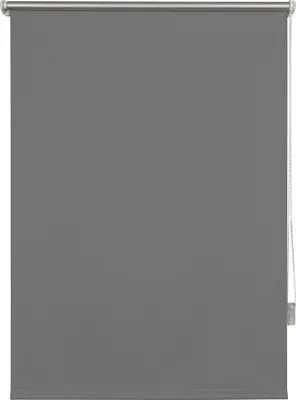 A plain gray roller blind is shown, hanging from a silver rod.