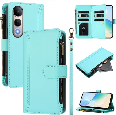Immagine prodotto di Custodia per Vivo V50 Lite/V50 Lite 4G, con cerniera, portafoglio Custodia flip in Finto cuoio con tasche per carte, supporto e passante per la mano verde menta
