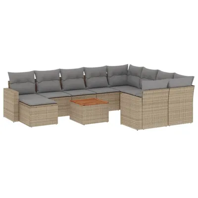 Produktbild von Garten-Sofagarnitur 11-tlg., modular mit Stauraum, Poly Rattan, Akazienholz-Tisch, UV-beständig, Beige, Hellgraue Kissen