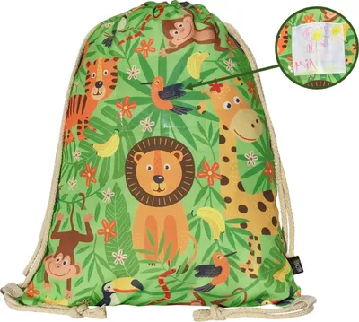 Produktbild von HECKBO® Mädchen Kinder Jungen Turnbeutel inkl. Sichtfenster für Bilder & Fotos - Dschungel - waschmaschinenfest - 40x32cm - Kindergarten, Reise, Sport - Rucksack, Tasche, Spieltasche, Sportbeutel