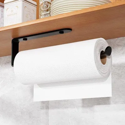 Produktbild von Zweckmäßige Zweispartenrolhalter, schwarzer Küchenpapierhalter, selbstklebend, für Küchenorganisation und -aufbewahrung, Rollhalter für die Wand, Küchenpapierrolhalter