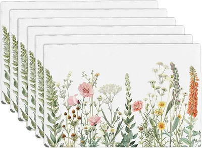 Produktbild von 6 Stück Tischsets aus Leinen mit Blumenmuster, 45x30 cm, rechteckig, waschbar und rutschfest, hitzebeständig für Küche und Esstisch