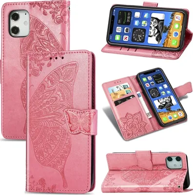Produktbild von Mobigear Butterfly iPhone 12 Pro Hülle Klapphülle Geldbörse - Pink