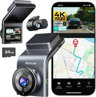 Produktbild von BOTSLAB 4K Dashcam Auto Vorne Hinten mit STARVIS 2, 4K+1080P,WDR Nachtsicht | 64GB SD-Karte,Sprachsteuerung,Dual Dash Cam mit 5,8GHz WiFi GPS,G-Sensor
