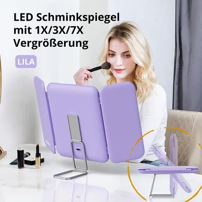 Produktbild von LED Schminkspiegel mit 1X/3X/7X Vergrößerung – Touchscreen, 3-teilig klappbar, drehbar, tragbar – Make-up Spiegel mit Licht, USB-Aufladung – Lila
