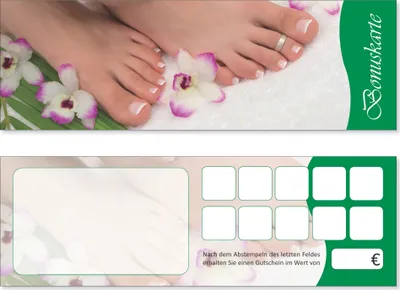Produktbild von Premium Bonuskarten-Set (400 Stk.) Bonuskarten mit 10 Stempelfeldern Fußpflege Bonuskarten, Pediküre Treuekarten, Maniküre Kundenkarten passend für Wellness, Massagen, Kosmetik uvm.