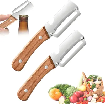 Produktbild von Gemüseschäler und Flaschenöffner 2-in-1, ultrascharfe Klinge aus Edelstahl, ergonomischer Holzgriff, für Küche