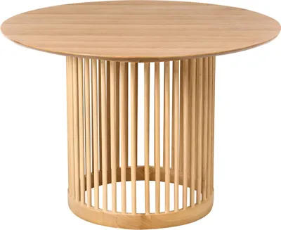 Produktbild von BELIANI Esstisch Helle Eiche Holzoptik aus MDF Gummibaumholz ø 110 cm Rund Lamellen Gestell Massivholz Modernes Design für Esszimmer Küche