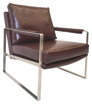 Zdjęcie produktu dla Brązowy skórzany fotel designerski z metalowymi podłokietnikami Fotel do salonu