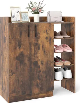 Image de COSTWAY Armoire à chaussures, commode à chaussures avec étagères à 3 compartiments, armoire de rangement avec 2 portes & 5 étagères ouvertes, étagère à chaussures, 83x31,5x91cm, marron