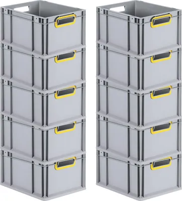 Produktbild von SparSet 10x Eurobox NextGen Color | HxBxT 22x30x40cm | 20 Liter | Griffe gelb offen | Glatter Boden | Grau | Eurobehälter, Transportbox, Transportbehälter, Stapelbehälter