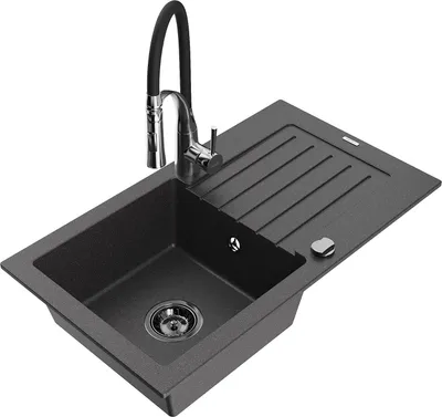Image de Mexen Pablo Évier en granit 1 bac avec égouttoir et mitigeur Aster, noir moucheté - 6510-76-73450-07-B
