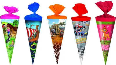 Produktbild von 5x Schultüte / Zuckertüte / Länge: 25cm / rund / 5 verschiedene Motive