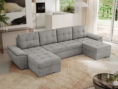 Produktbild von MKS MEBLE Sofa mit Schlaffunktion - Wohnlandschaft u form - Ecksofa mit Schlaffunktion und Bettkasten - Schlafsofa - Couch - Schlafsofa mit Bettkasten - Umbria U - Hellgrau Velvet