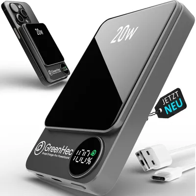 A gray MagSafe power bank is shown with a phone attached, and a charging cable is nearby.