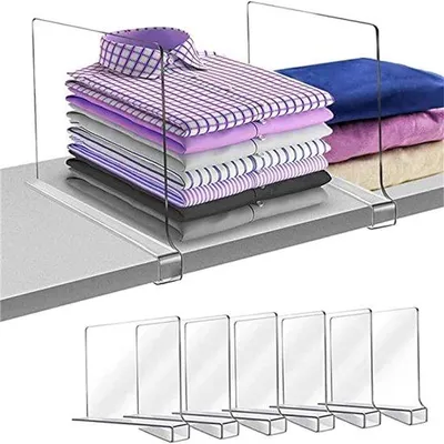 Obrázek produktu pro Sada 6 kusů průhledných akrylových přepážek do regálů, rozměry 20 × 30 cm – vhodné pro regály o tloušťce 1–2,4 cm, ideální do šatních skříní a úložných prostorů, instalace bez vrtání