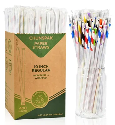 Produktbild von Papierstrohhalme extra lang einzeln verpackt bunte Streifen 400 Stück 26 x 0,6 cm