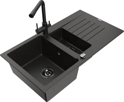 Produktbild von Mexen Matias 1,5-Becken-Granitspüle mit Abtropffläche und Mischbatterie Duero, Schwarz/Gold - 6502-75-671600-70-B