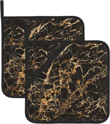 Produktbild von Topflappen im goldenen Marmordesign als 2er-Set, hitzebeständig und rutschfest, 20,5 x 20,5 cm