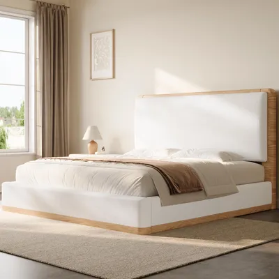Produktbild von Polsterbett, 140 x 200 cm, Weiß und Naturfarben, mit gepolstertem Kopfteil, Stoffbezug, Ziernähten und Lattenrost