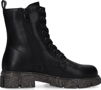 A single black boot with a glittery sole is shown against a white background.