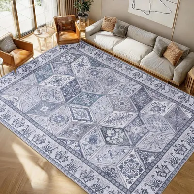 Produktbild von Vintage Teppich 140 x 200 cm, Retro Rauten Teppich, maschinenwaschbar, rutschfest, Kurzflor für Wohnzimmer