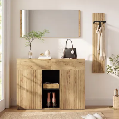 Image de Ensemble de meubles de rangement "Flieks" comprenant un miroir, une penderie et un placard à chaussures. Ensemble de meubles d'entrée avec 2 portes, 2 tiroirs et des étagères ouvertes, en bois et noir