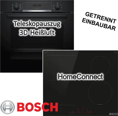 Produktbild von BOSCH Backofen Set Schwarz Hydrolyse Pizzafunktion Teleskopauszug Induktionskochfeld Home Connect