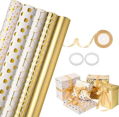 Produktbild von Cadeaupapier 5 rollen 43 cm x 3 m - Weiß Gold - Seidenband - Geburtstag - Kindergeburtstag Hochzeit Taufe