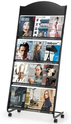 Zdjęcie produktu dla Mobilny stojak na broszury, metalowy, 4-poziomowy, czarny, do magazynów
