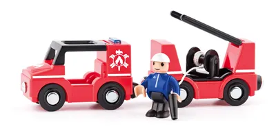 Produktbild von Woody Feuerwehr Autoset - Spielzeugzug mit Feuerwehrwagen und Magnetkupplung