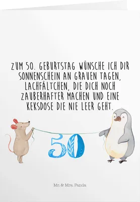 Produktbild von Mr. & Mrs. Panda Grußkarte 50. Geburtstag Maus Pinguin - Weiß - Geschenk, klappkarten, Einladungskarte, Geburtstagskarten, Kuchen, einladungskarten, Geburtstagskarte